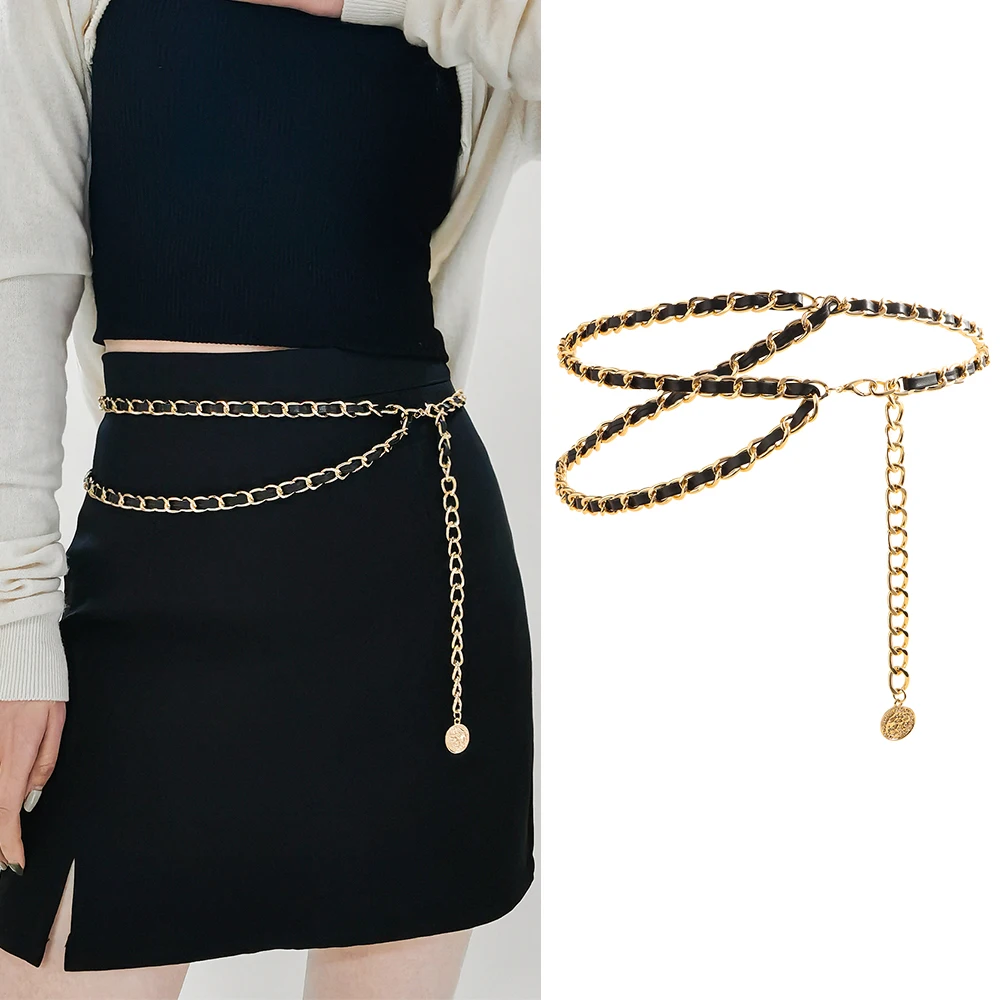 Women's Black gold double waist chain Haute couture dress Metal chain belt embellished suit skirt Elegant temperament accessorie