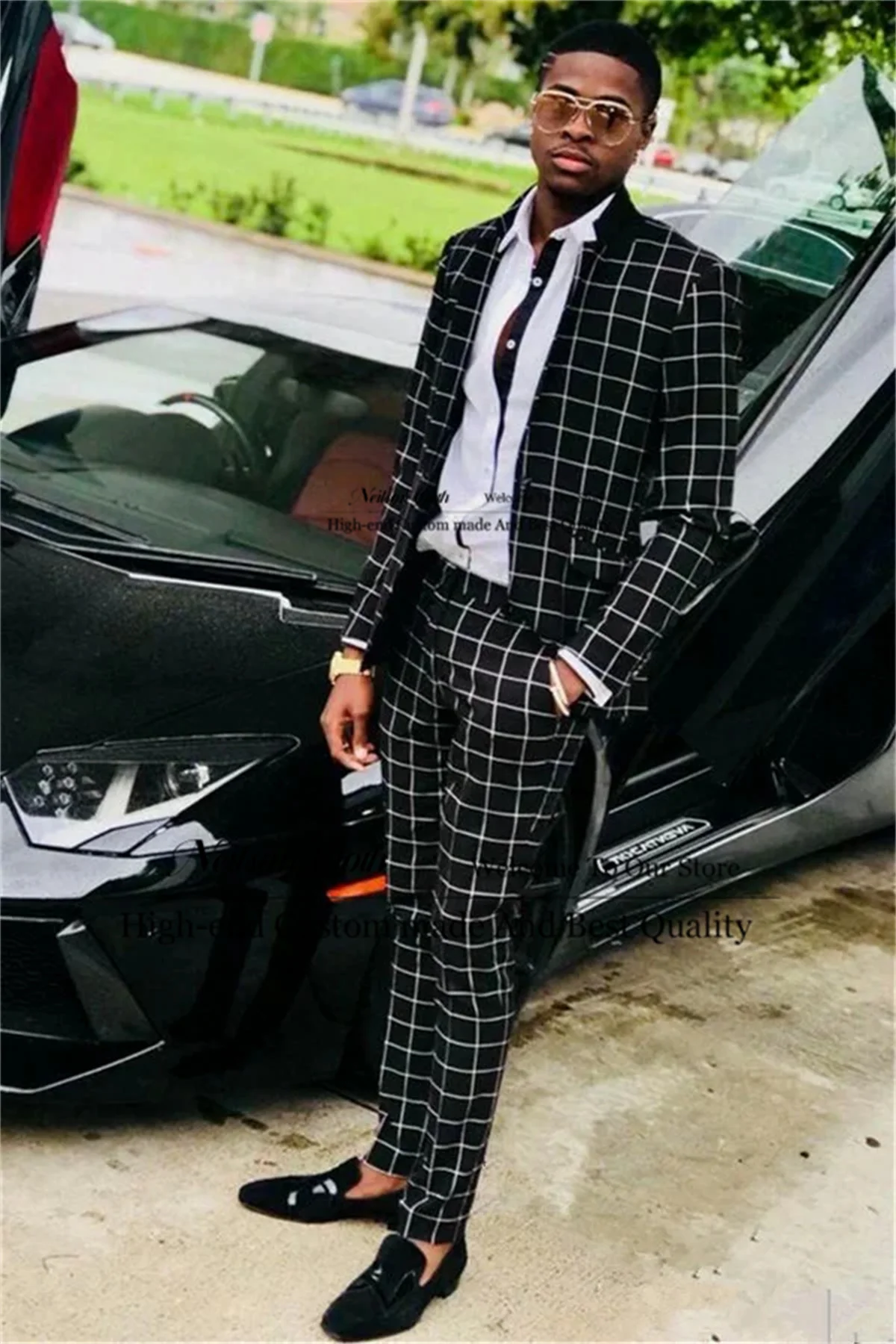 

Business Black Male Prom Blazers 2 Pcs Sets Plaid Groom Wedding Tuxedos Notched Lapel Customized Groomsmen Terno Masculino