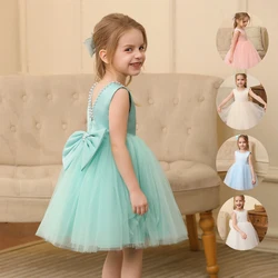 Summer Girls Lace Dresses For Kids 2-8 Year Flower Birthday Tulle Pearls Dress Backless Bow Princess Wedding Gown For Children