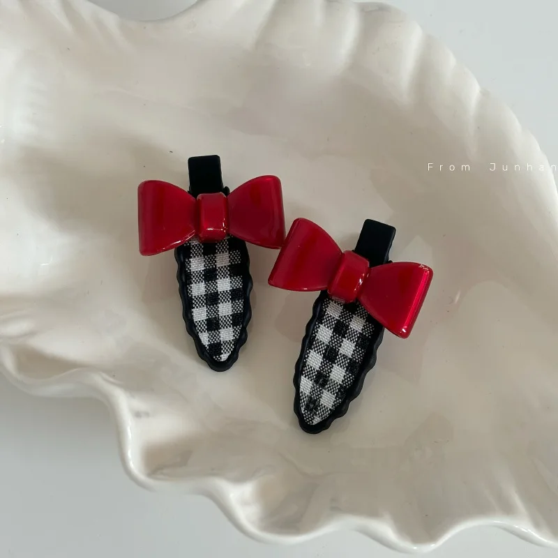 Sweet plaid acetic acid bow hairpin pair cute black duckbill clip bangs clip new hair accessories