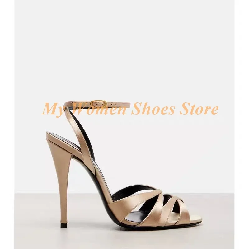Cross Strap Open Toe Sandals Ankle Buckle Strap Stiletto Thin High Heel Cut Out Orange Champagne Satin Custom Made Women Shoes - view 5