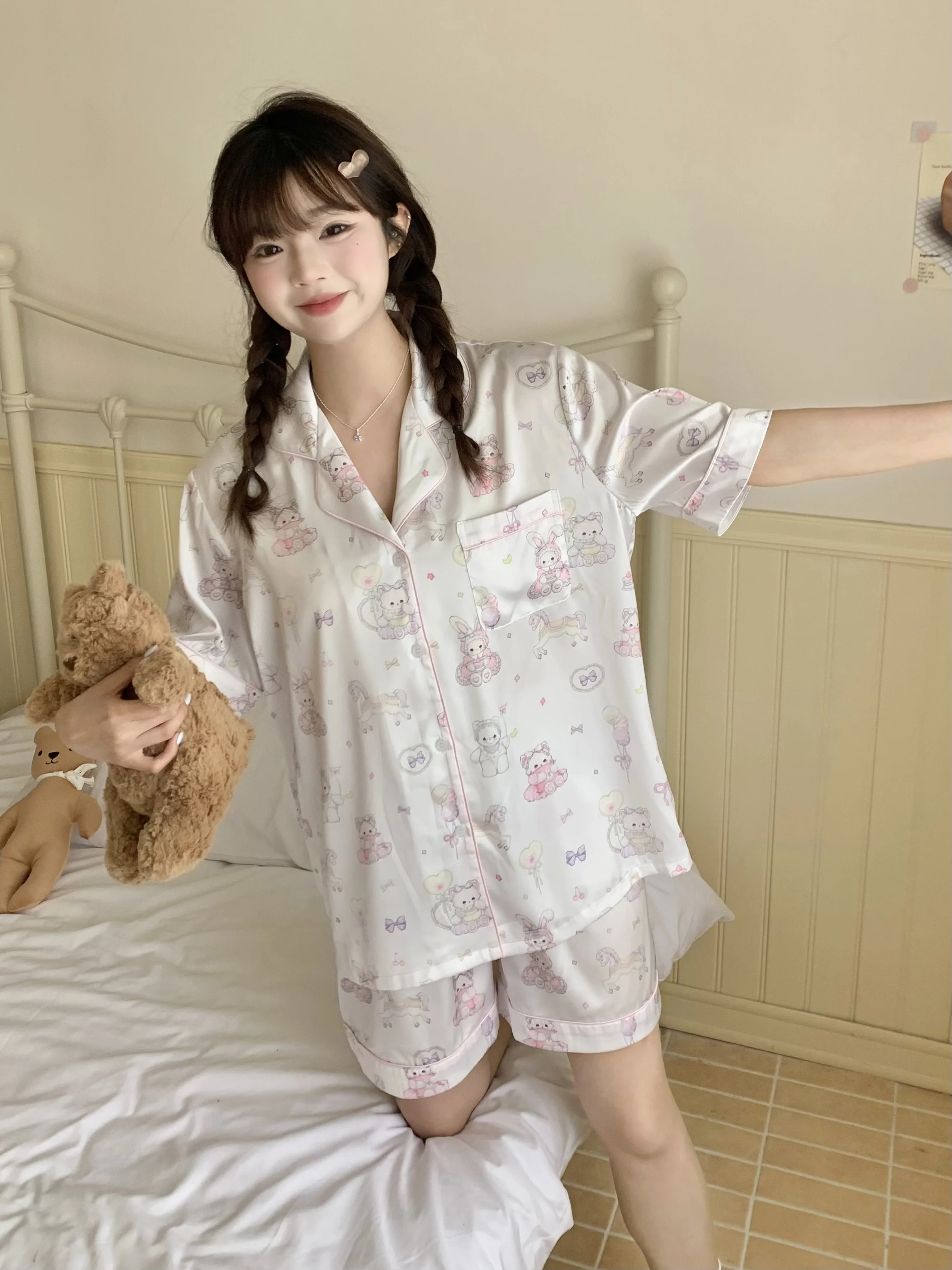 Sweetheart Girl Japanese Original Cute Cartoon Printed Ice Silk Pajamas 2025 Summer Cool Short-sleeved Loungewear Set