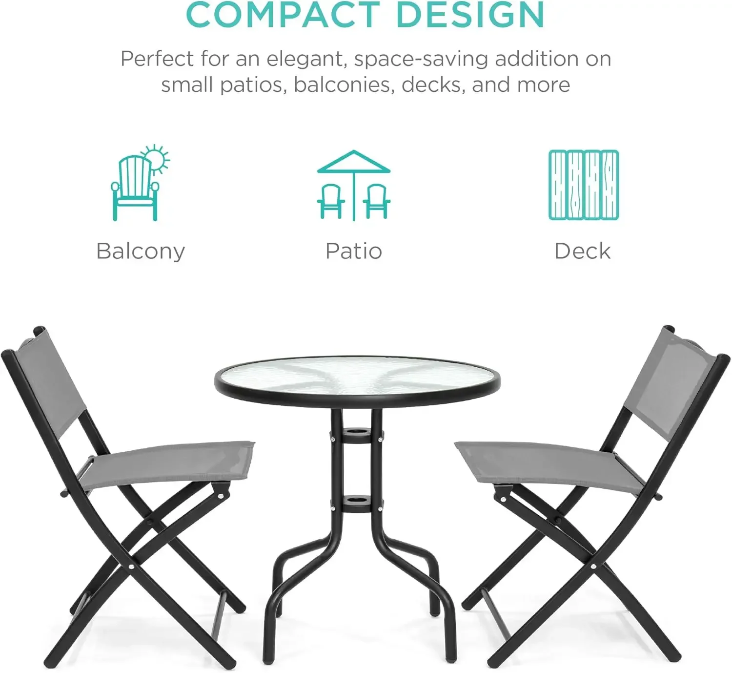 3-Piece Patio Bistro Dining Furniture Set w/Textured Glass Tabletop, 2 Folding Chairs, Steel Frame, Polyester Fabric - Gray