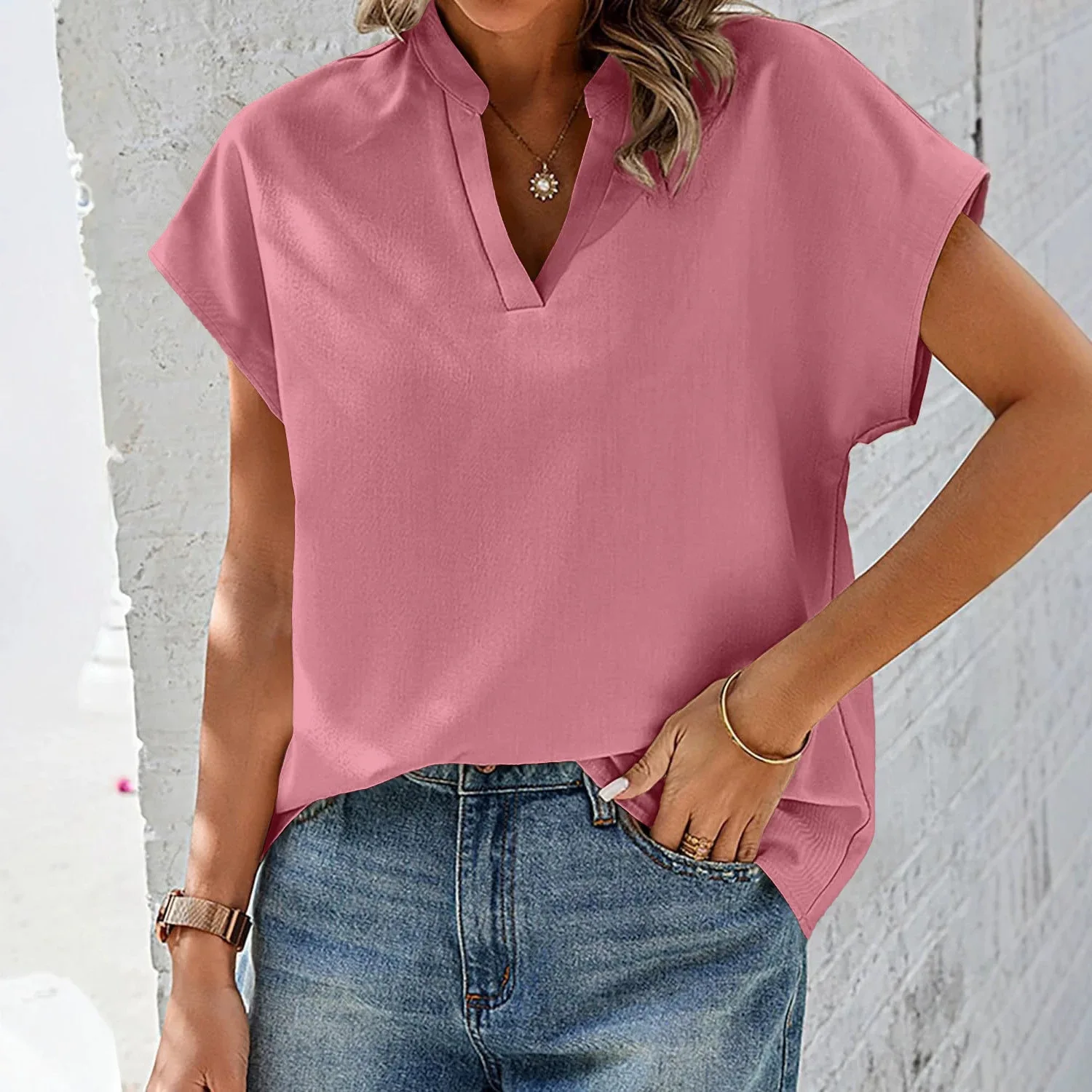 Arrival Women's Solid Color V Notch Collar Cap Sleeve Loose Fit Comfortable Casual Versatile Trendy Commuter Basic Daily T-shirt