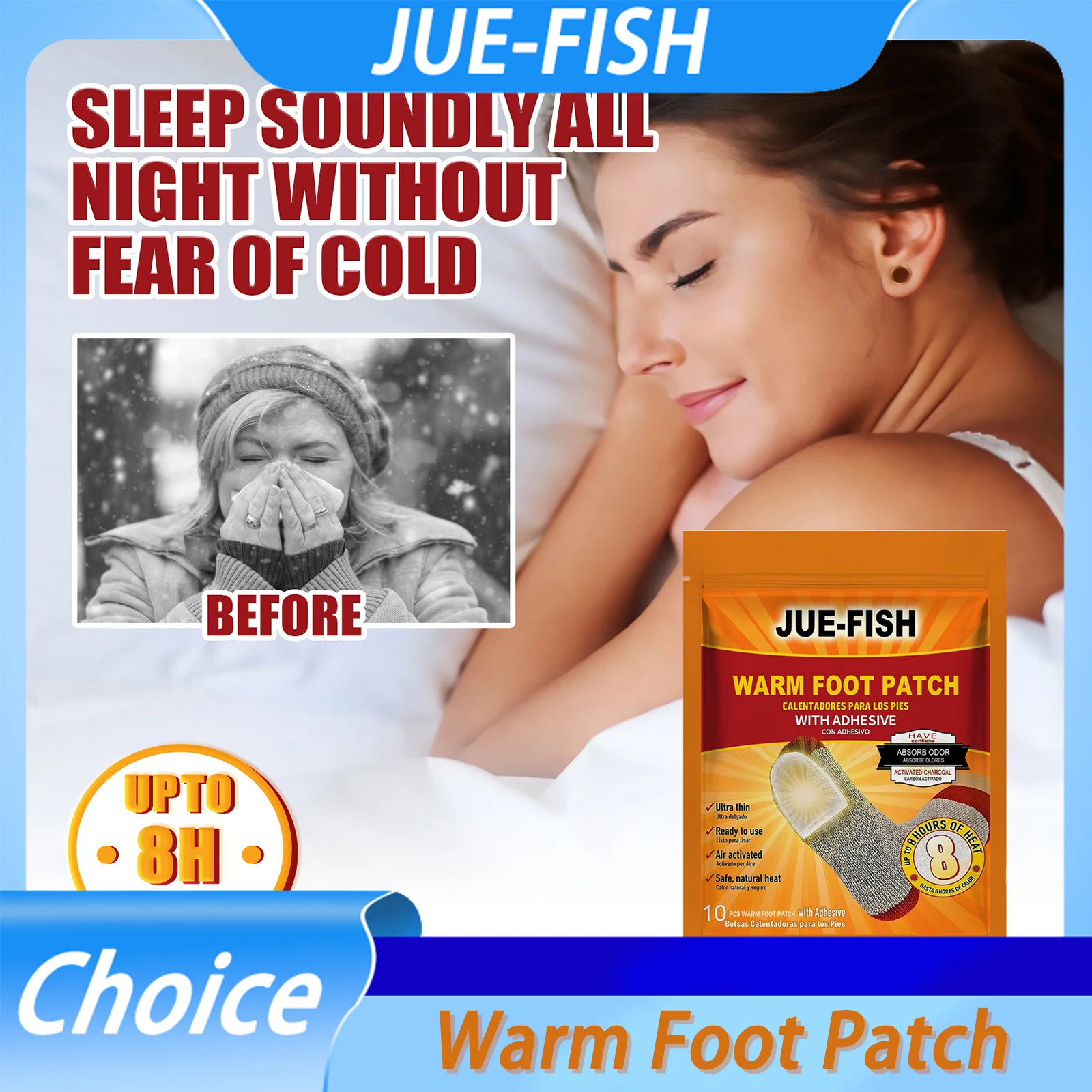 JUE-FISH Tragbares warmes Fußpflaster, wirksame wärmende Füße, langlebige Heizung, sicher, langlebig, 8-Stunden-Einweg-Heizfußpflaster