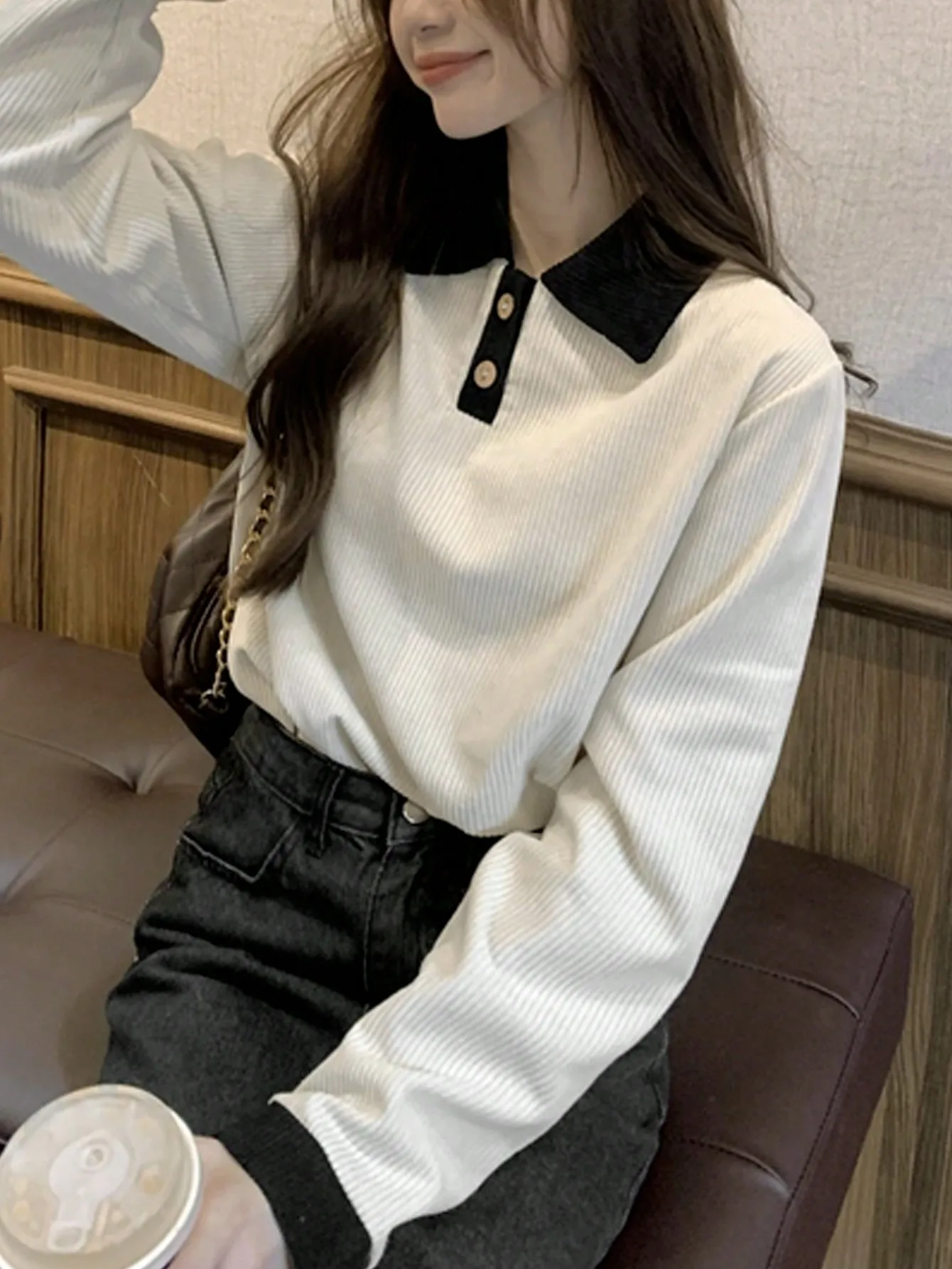 South Korea Dongdaemun Autumn Black Loose Shoulder Corduroy Top 2024 New Casual Long Sleeve Women