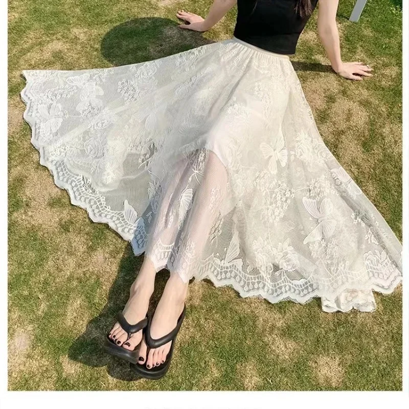 Elegant Lace Mesh Skirt for Women Lace Skirts High Waist Summer Long Skirt Casual Irregular Hem A Line Skirt Vacation Beach Wrap