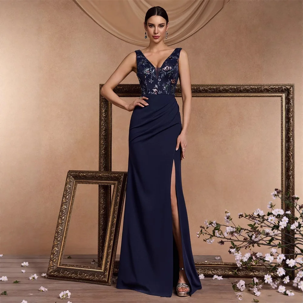 Qmansha Floral Embroidery Evening Dress V-Neck Sleeveless High Slit Mermaid Formal Party Gown for Women Wedding Guest Prom Robe