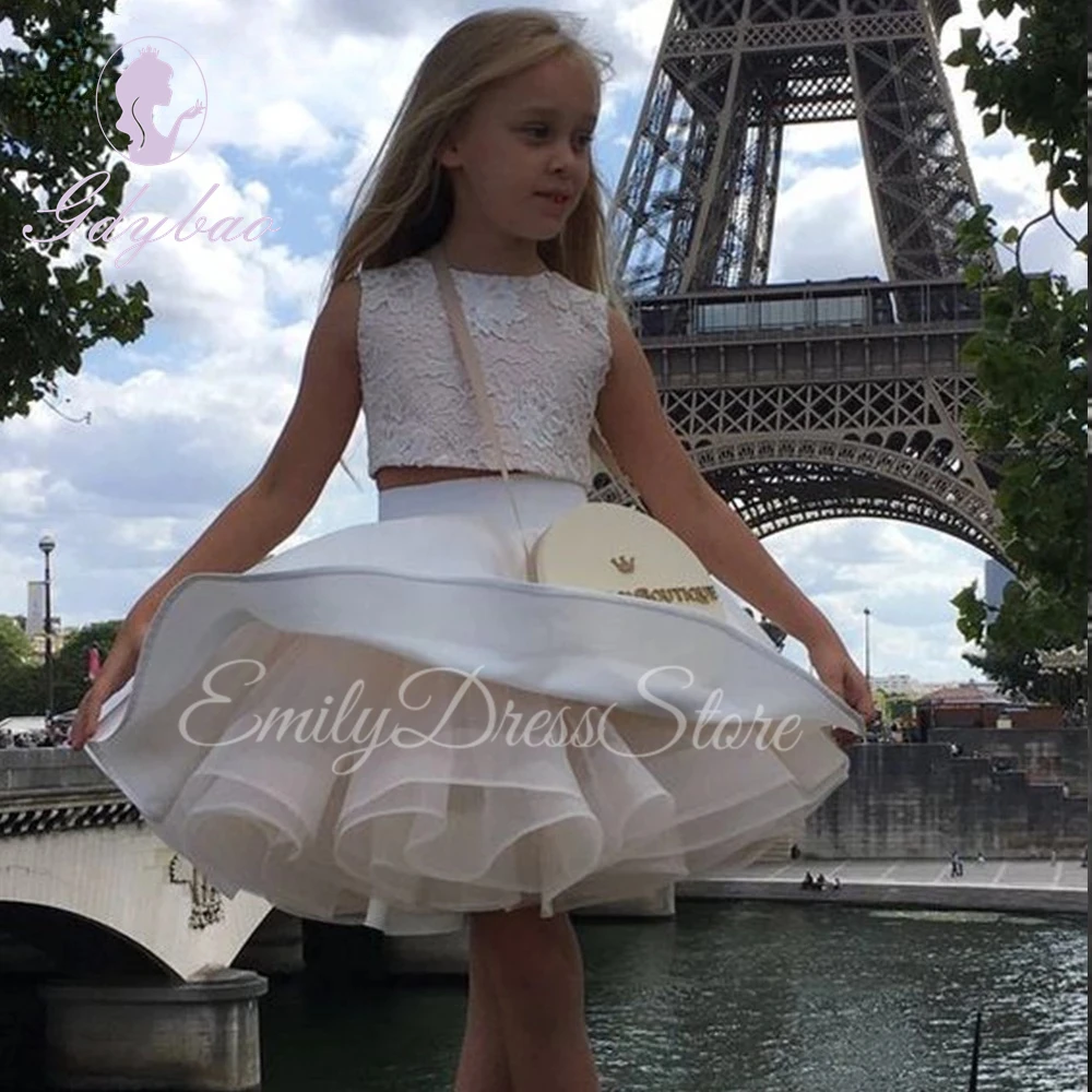 Two Pieces Cute Puffy Flower Girl Dress Mini Lace Satin Tulle For Wedding First Communion Kids Party Dress Ball Gown