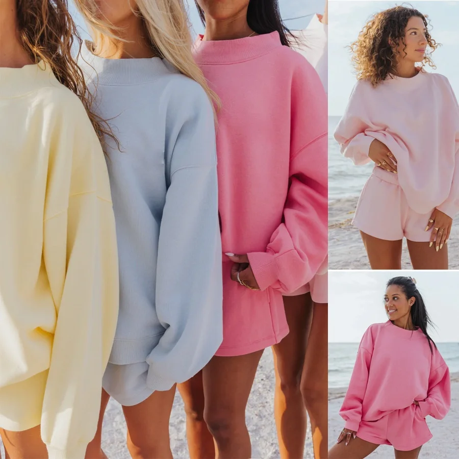 New round Neck Fleece Lined Long Sleeve Casual Loose Women's Hoodie Sweatshirt Set  Color Comfortable Loose Shorts