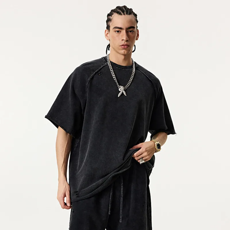 

Men's Clothing 2025 Summer American Street Style Raglan Short Sleeve T-Shirt Rolled Hem Shorts Casual Two-Piece Set for Men 7H1T