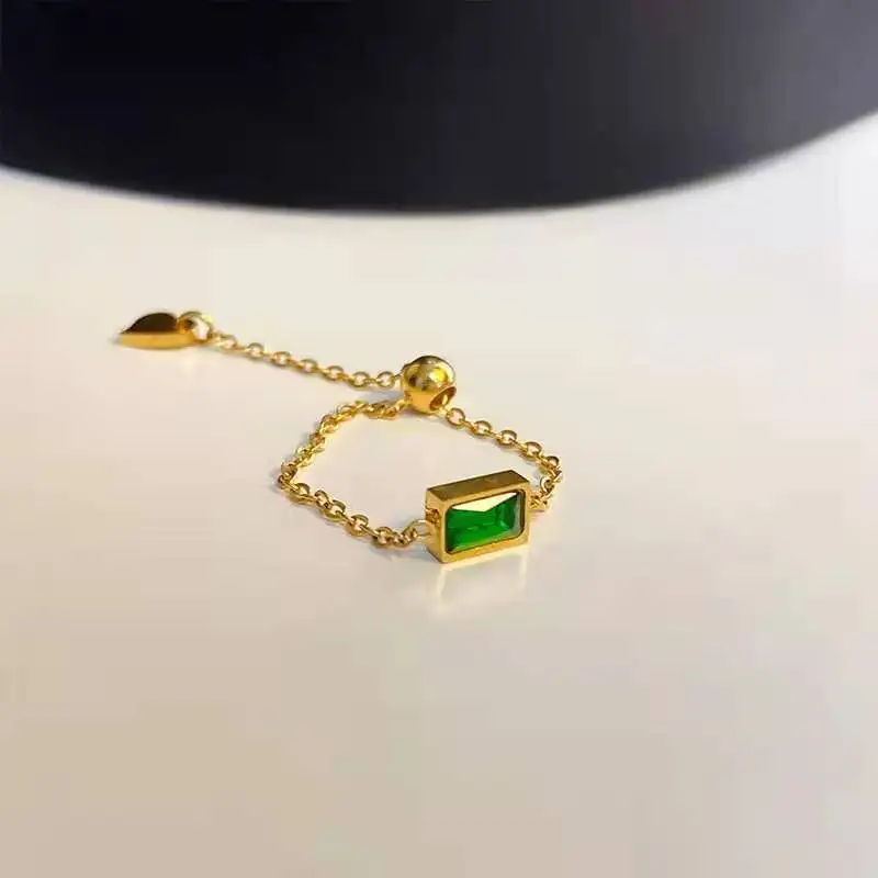 2023 New Gold Color Stainless Steel Finger Ring Green Zircon Gothic Link Chain Ring for Women Girls Wedding Party Jewelry Gift