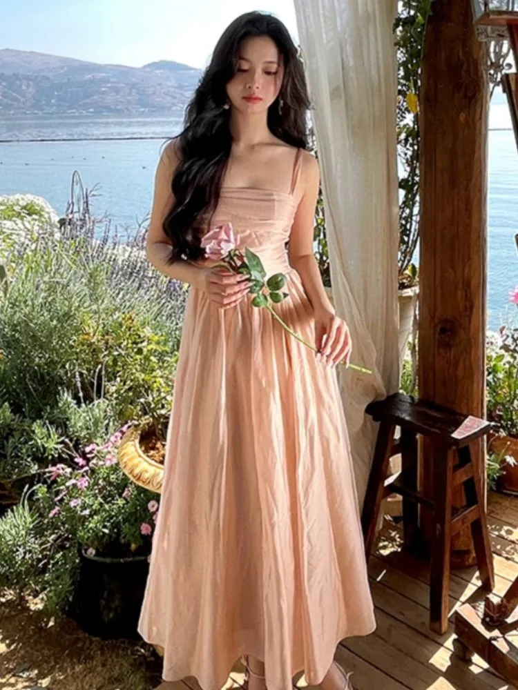 Elegant Solid Strap Women Midi Dress Summer 2023 New Fashion Lady Evening Party Vestidos Robe French Female Chic A-line Clothes