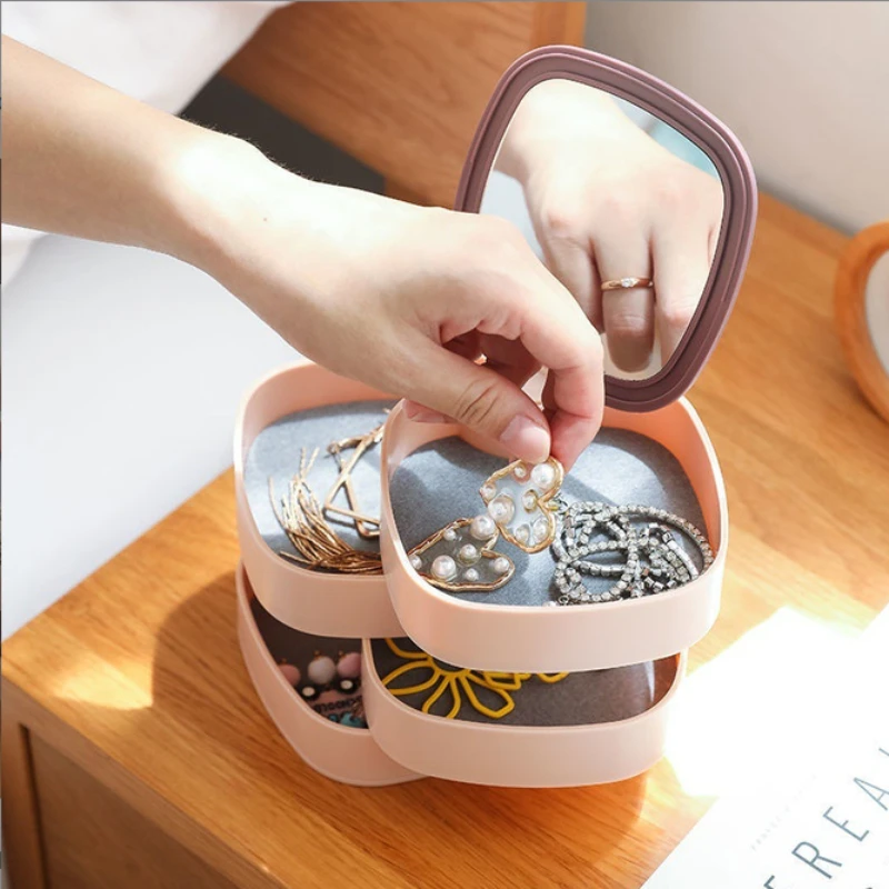 Mirror-equipped Jewelry Box with Multiple Layers Exquisite and Rotatable Rings Earrings and Jewelry Storage Compartments