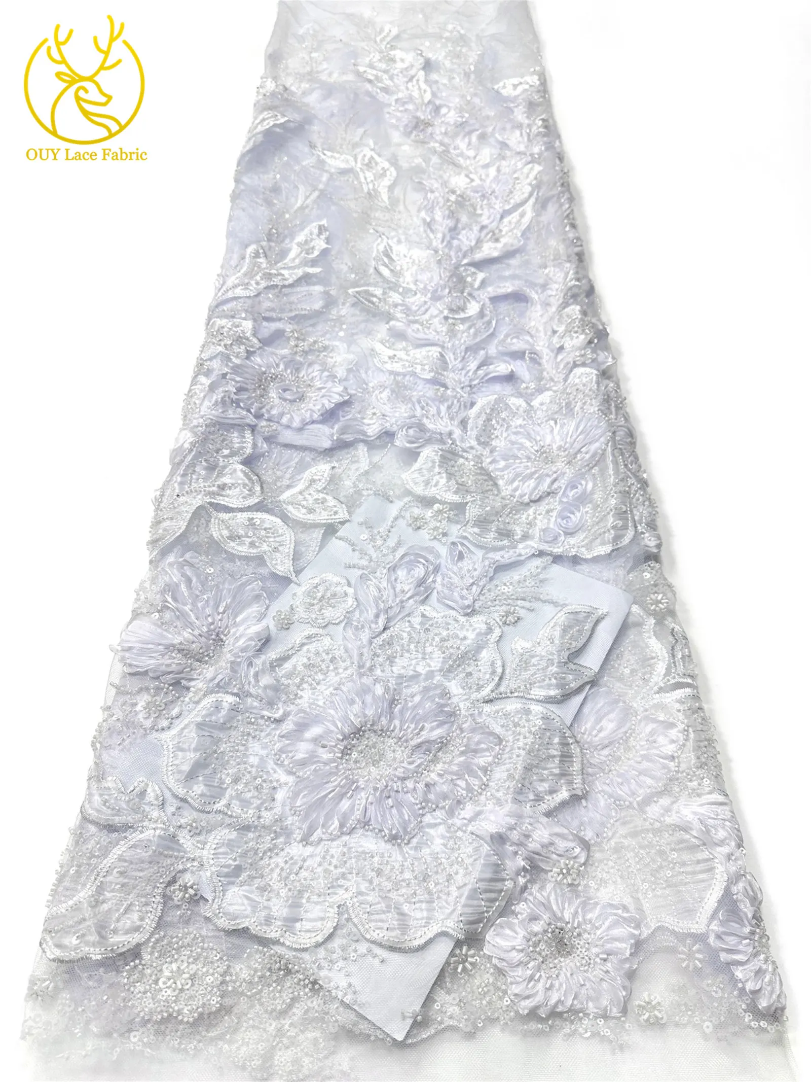 Marineblauer, wunderschöner afrikanischer Spitzenstoff mit Perlen und Pailletten, 3D-Blume, nigerianischer hochwertiger Tüll-Mesh-Spitzenstoff für Ballkleider, 5Y – Detail 11