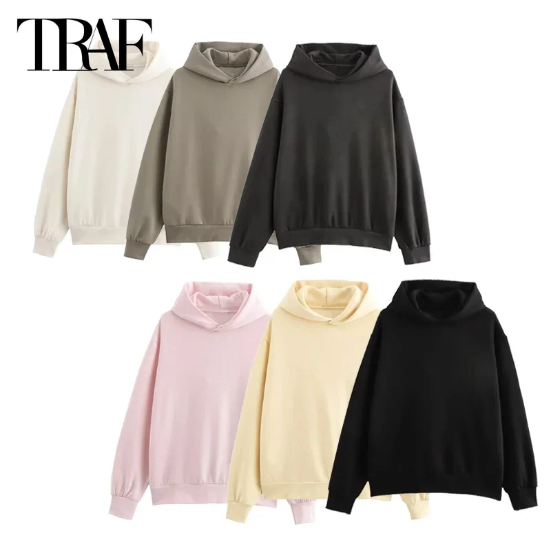 TRAF 2024 Women Hooded Coat Autumn Women Oversized Pullover Outerwears Fashion Casual Hoodies Beige Pink Yellow Grey Black Coats