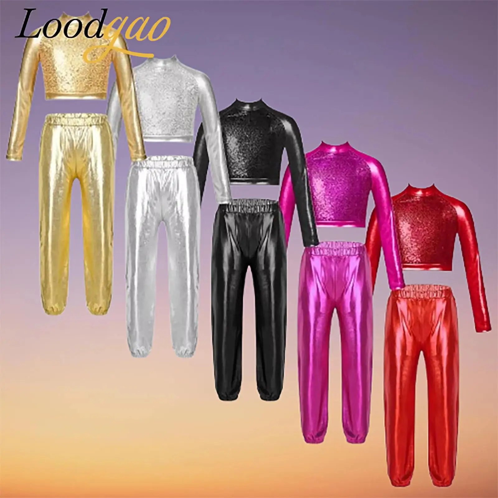 

Girls Glossy Metallic Hip Hop Street Dance Outfit Long Sleeve Costumes for Dancing Performance Suit Sequins Jazz Dance Costumes