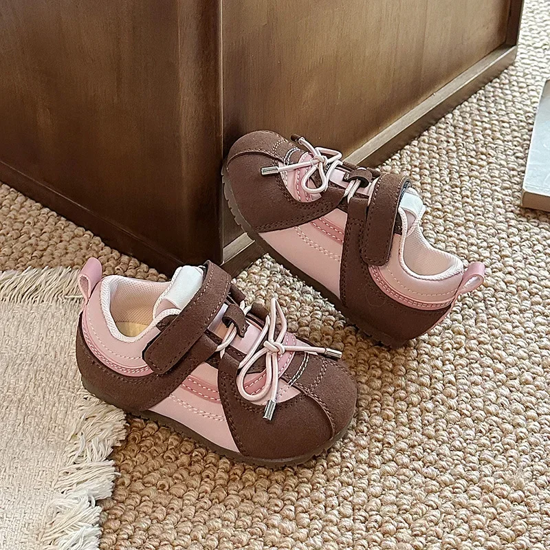 Baby Retro Color Block Sneakers, Faux‑Lace‑Up Hook‑Loop Soft Rubber Sole Toddler First Walking Shoes