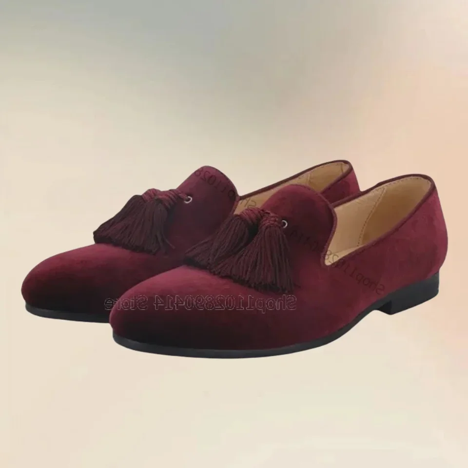 

Red Tassels Decor Suede Men Loafers Fashion Slip On Men Shoes Luxyrious Handmade Party Feast Banquet Big Size Men Casual Shoes