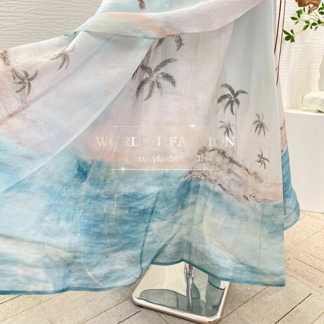 2025 New Fashion Blue Coconut Trees on The Beach Print Sleeveless Beading Deep V Neck Maxi Dress
