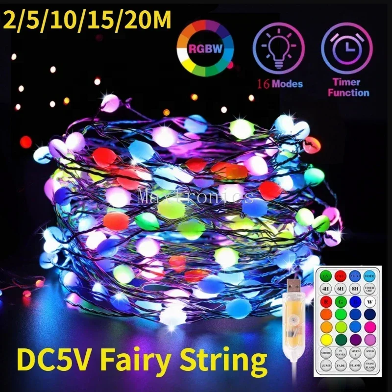 New 5V RGB Copper Wire LED Strip Light USB IP65 Fairy String Lamp with 32key Remote For Wedding Party Garden Decor 2/5/10/15/20m