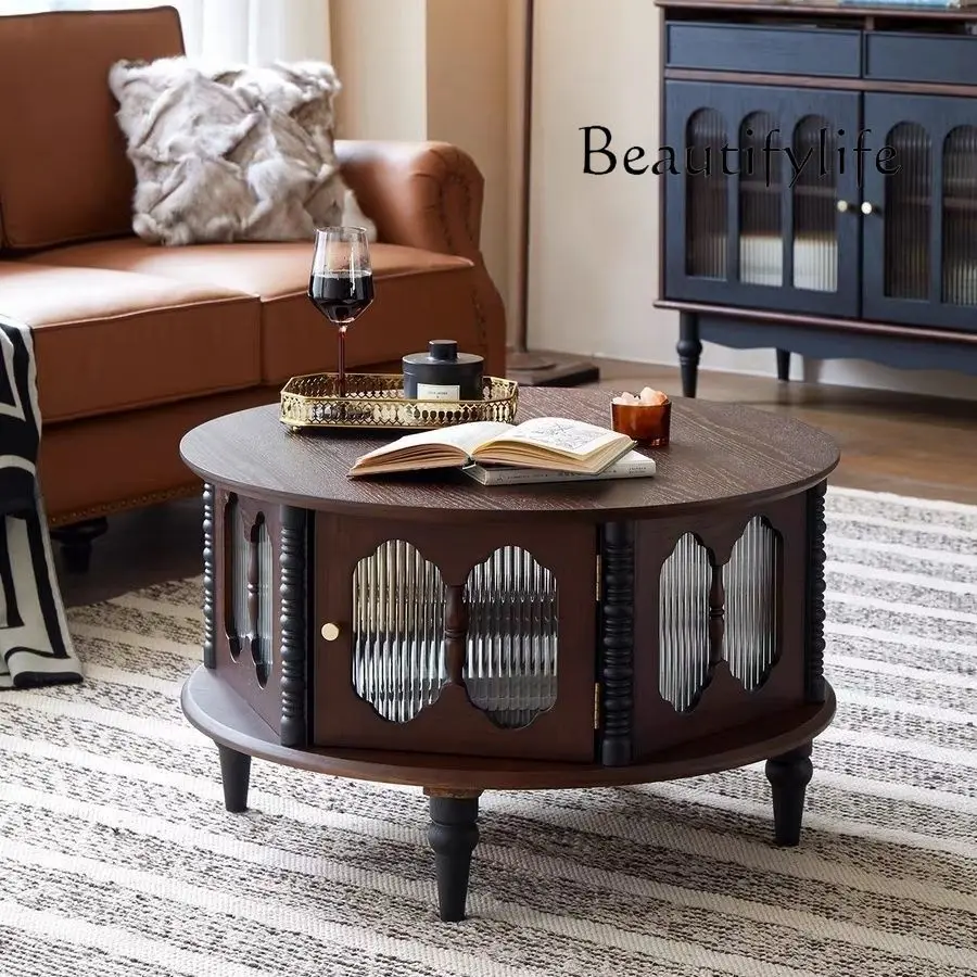 French Retro Solid Wood Living Room Home Simple Small Apartment Combination round Changhong Glass Tea Table