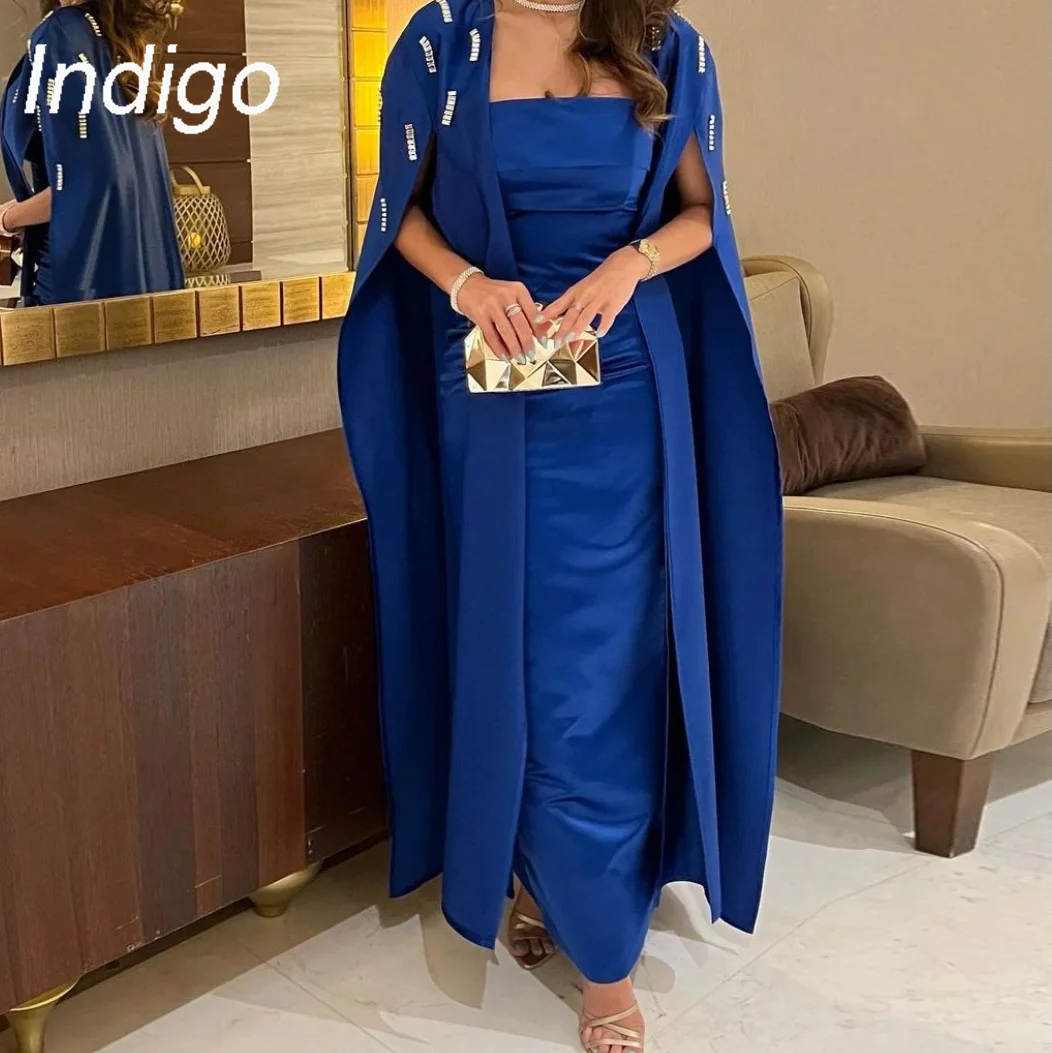 Indigo Evening Dresses Satin Strapless Ankle-Length With Shwal Formal Party Dress For Women 2024 vestidos de gala فساتين السهرة