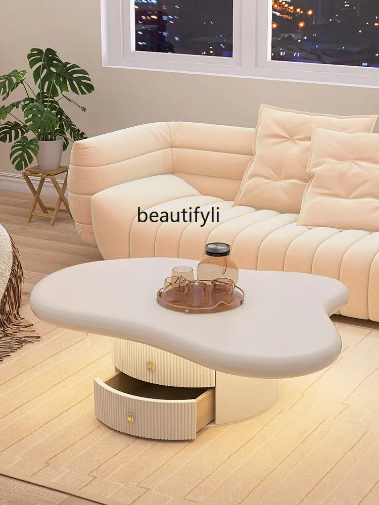 Cream Style Coffee Table Silent Style Living Room Modern Minimalist Drawer Cabinet Table