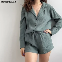 Cotton Sleepwear Women Pajama Turn Down Collar Suits With Shorts Long Sleeve Pajamas For Sleep Nightgowns Casual Nightwear