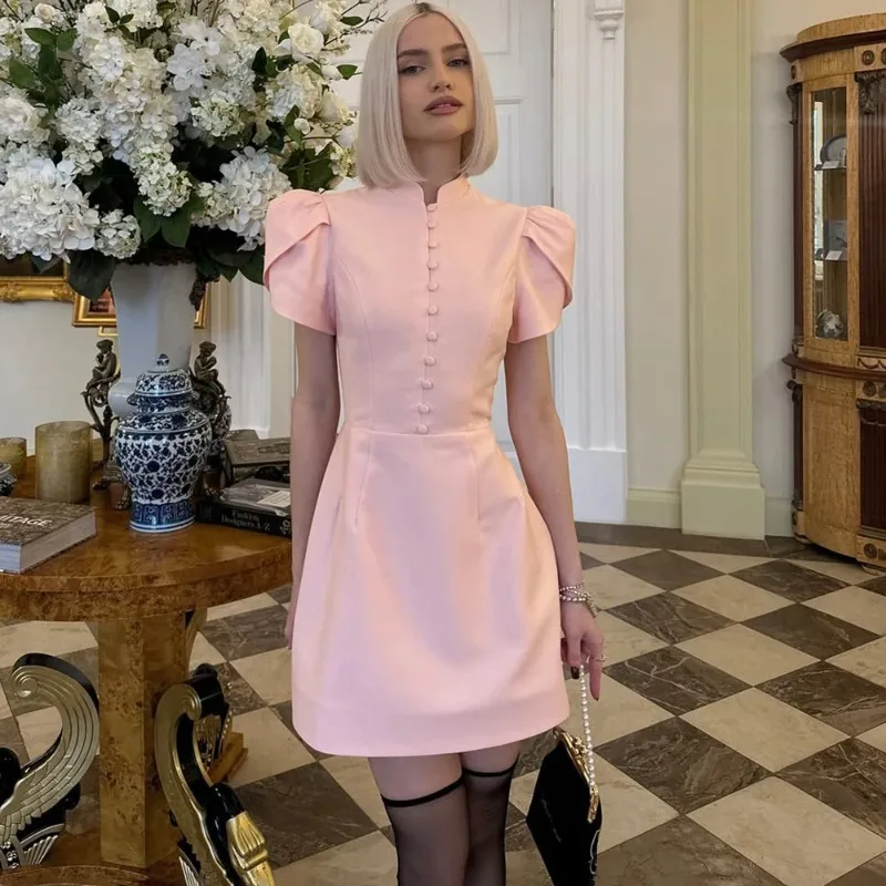 

2025 New Puff Sleeve Mini Dress Women's Stand Collar Sing Breasted Waist-Cinching Elegant Dress Female Evening Party Slim Dress