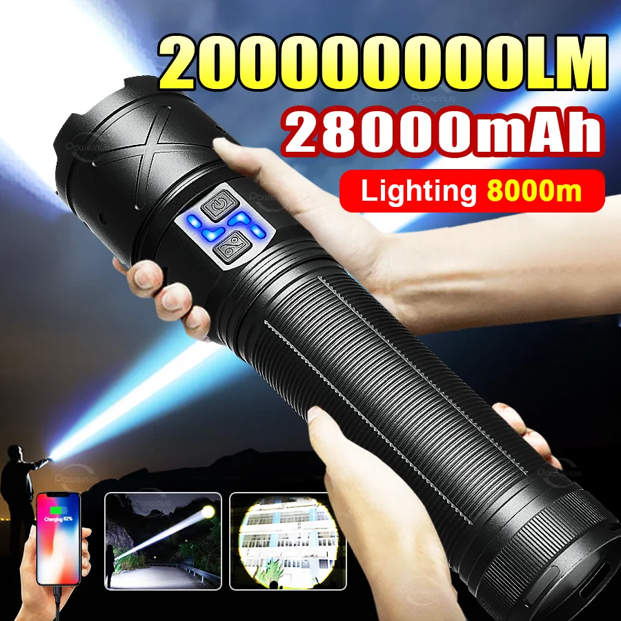 

Сверхяркий светодиодный фонарь 28000 мАч, перезаряжаемый через USB, с зумом, дальность 8000 м, тактический фонарь для кемпинга, рыбалки, работы