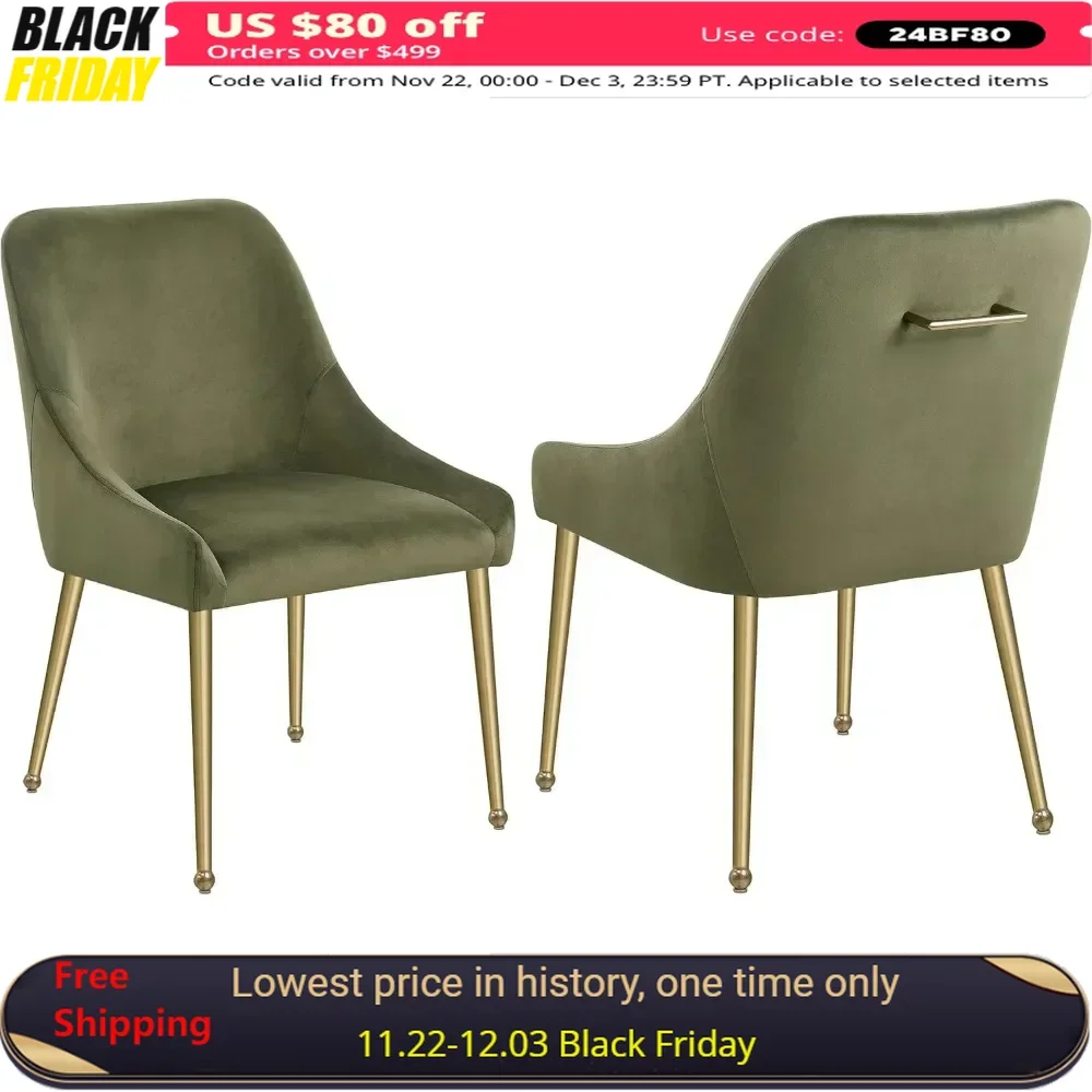 Dining Chair Set of 2  with Sloped Arms, Sturdy Brass Plated Tapered Metal Legs, Velvet Upholstered Dining Chair