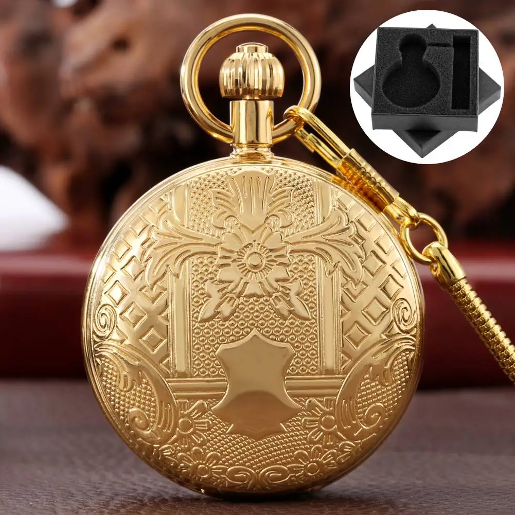 Classic Retro Gold Copper Mechanical Self Winding Pocket Watch Men's Roman Numerals Dial Fob Chain Vintage Pocket Timepiece