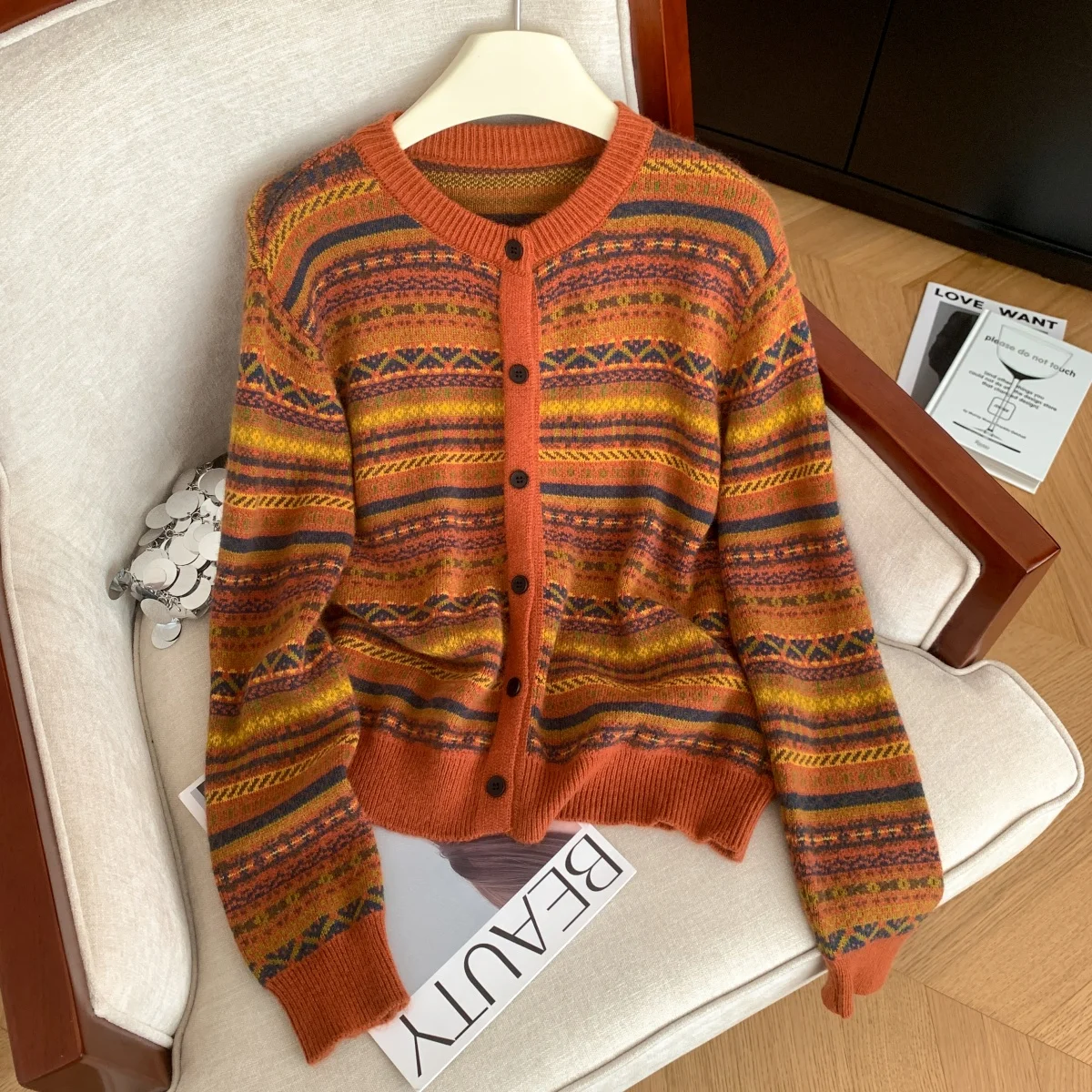 

Women Orange Striped Knit Cardigan Sweater Vintage 2000s Y2k Jumper Knitwear Korean Long Sleeves Sweater Jacket Autumn Clothes
