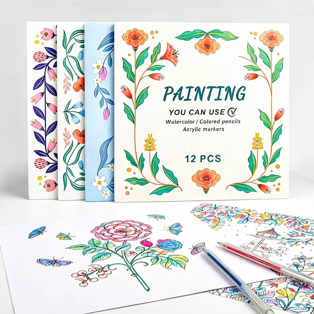 Libro de Colorear para Adultos con Temática Floral Fresca de 12/48 Páginas - Materiales Interactivos DIY para Aliviar el Estrés y la Relajación