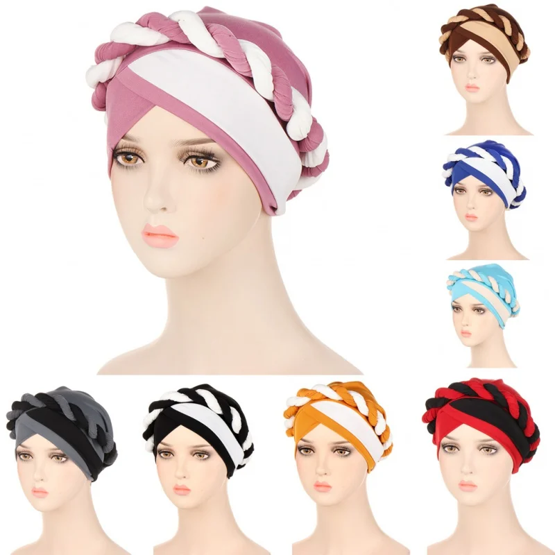 

European and American Foreign Trade Two-Color Single Twist Braid Toque Cap Milk Silk India Toque Cap Spot Goods