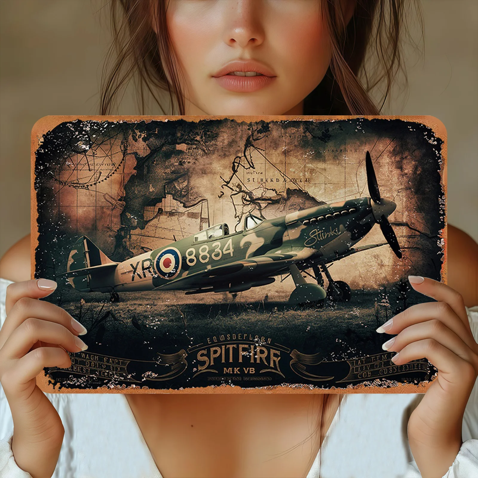 CIFBUY Vintage WWII Spitfire Kampfflugzeug Metallschild Retro Flugzeug-Emblem Wasserdichtes Langlebiges Aluminium-Wandbild für Zuhause, Bar, Garage