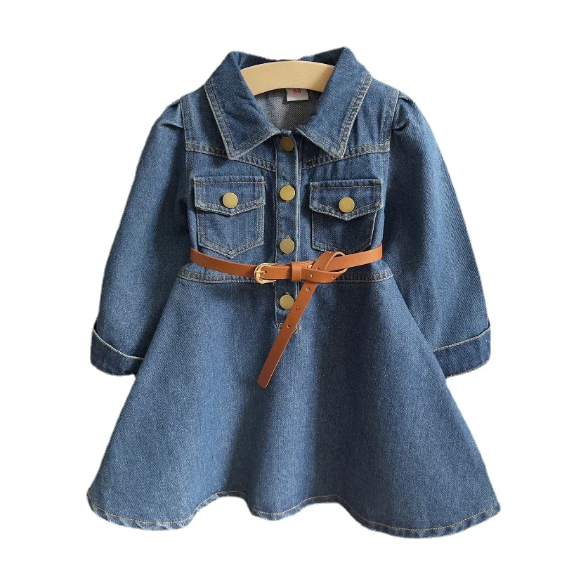 Girl Denim Dresses Spring Autumn Korean Version Fashion Little Girls Denim Dress Waistband Long Sleeve Casual Princess Dress