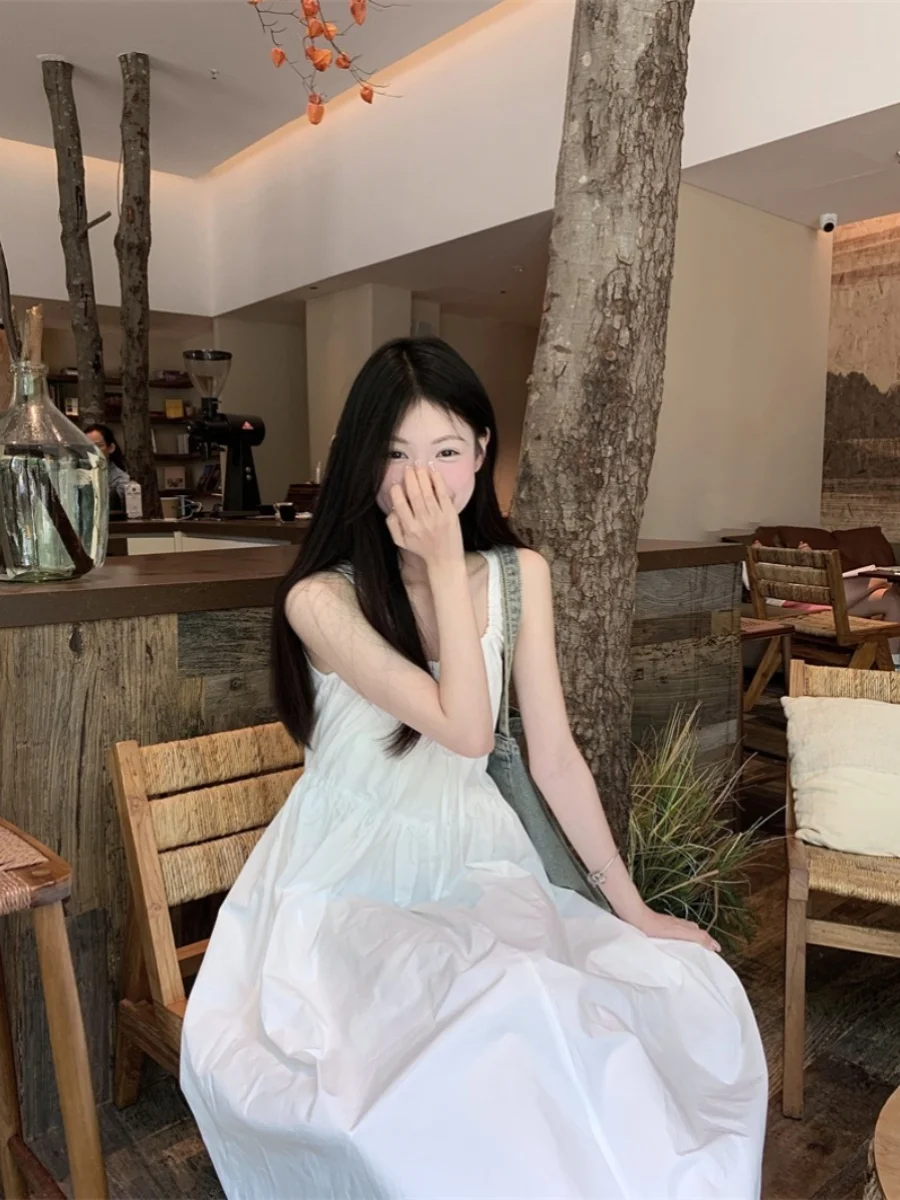 Koreanisches SLE-Sommer-A-Linien-Dr. Damen-Trägerkleid mit Gürtel, lässig, U-Neline, No-Slee, langes Dr für den Urlaub