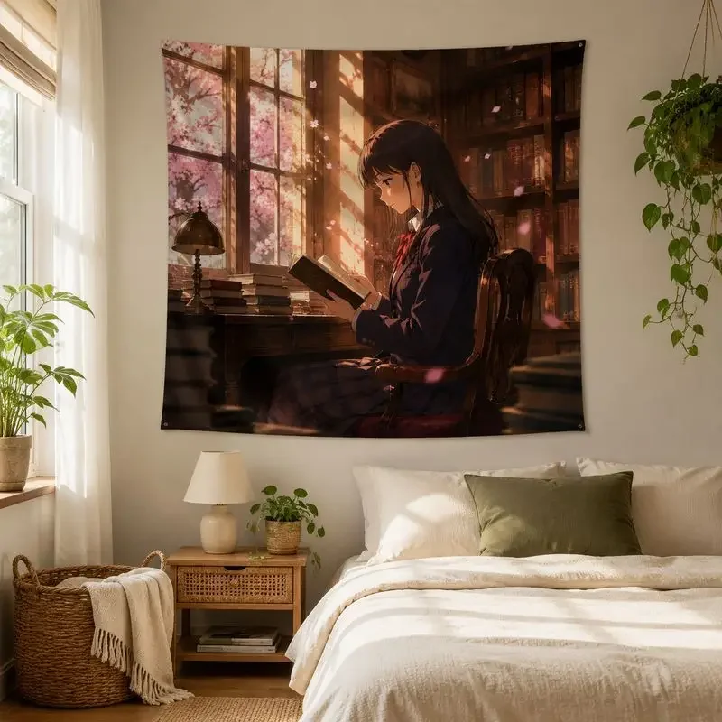 VIKAMA Pink Cat Maid Anime Tapestry, Kawaii Aesthetic Wall Hanging, Sweet Cafe Art Wall Decor Blanket for Girls Bedroom Dorm