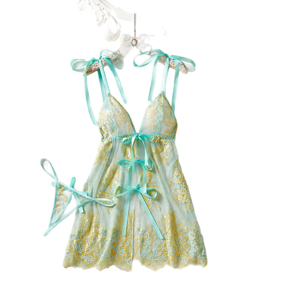 Deep V-Neck Split Cami Dress, Sexy Pure Desire Style Nude-Feel Two-Piece Nightdress Set