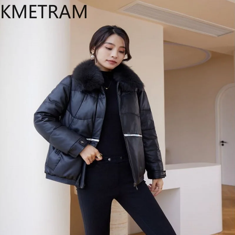 100% Sheepskin Puffer Jacket Women High Quality Genuine Leather Short Down Coats with Fox Fur Collar Winter Clothes 2025 пуховик