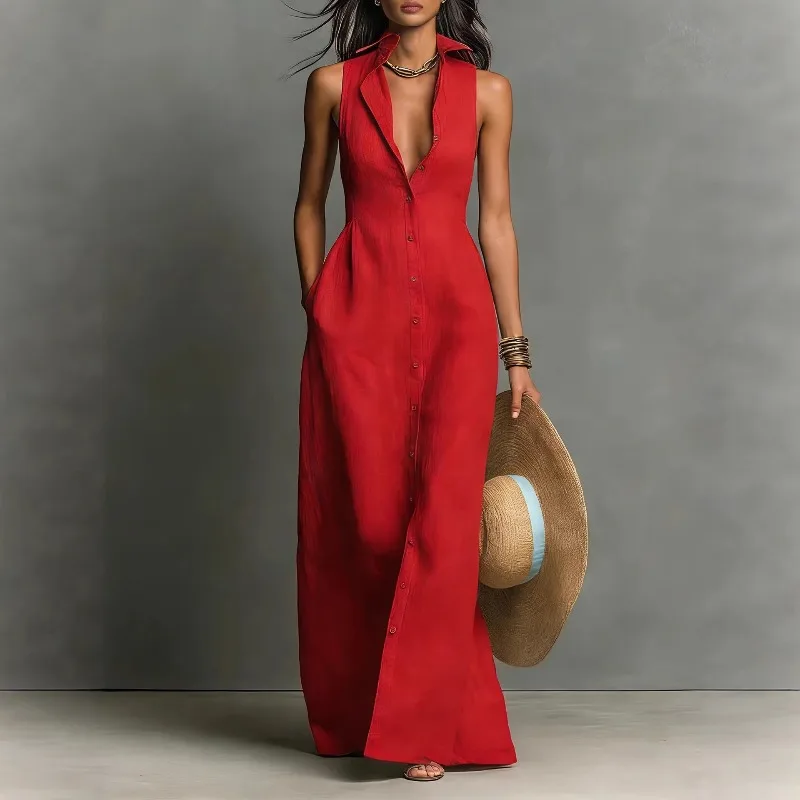 

customized vacation breasted dress sleeveless shirt collar dress evening gown dance stage performance costume
