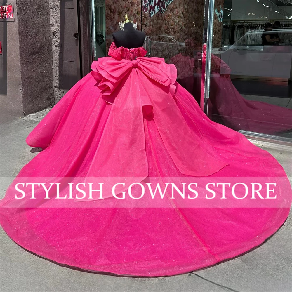 Mexico Fuchsia Off The Shoulder Quinceanera Dresses Ball Gown Beaded Graduation Dress Bow Birthday Party Dress robes de soirée