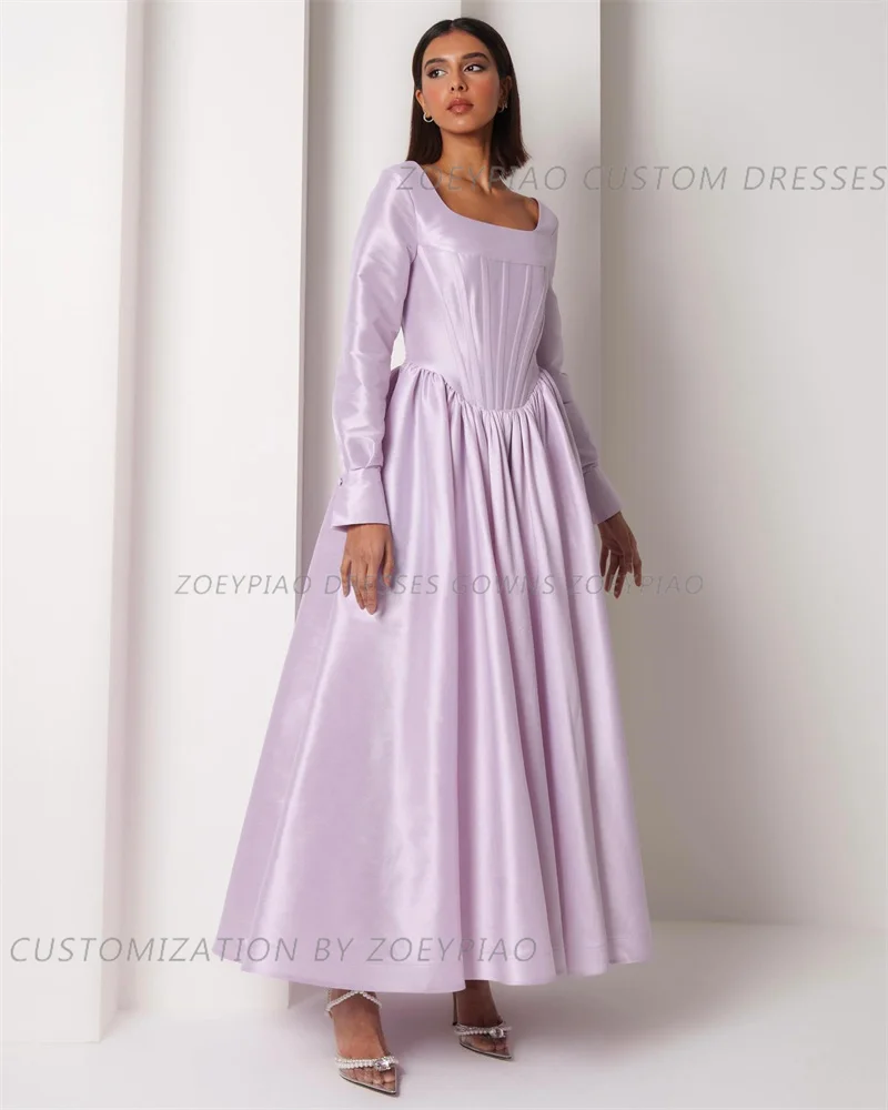 Gaun pesta malam Lavender, gaun pesta malam Formal, gaun pesta dansa malam lengan penuh tanpa tali Satin Solid, gaun pesta A Line ungu