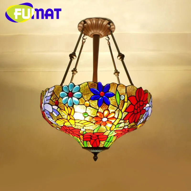 FUMAT Tiffany style stained glass American Garden Rich flower inverted pendant light Cafe restaurant living room bedroom decor