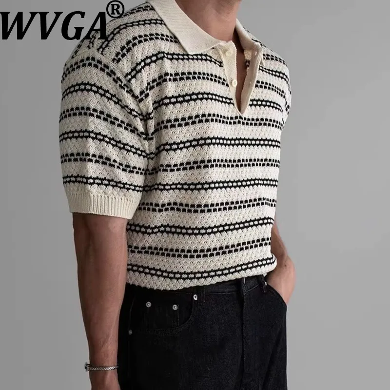 

Новая летняя мужская полосатая вязаная футболка WVGA с коротким рукавом, нишевый шикарный повседневный топ в корейском стиле, высококачественный топ с отложным воротником Ins W22445