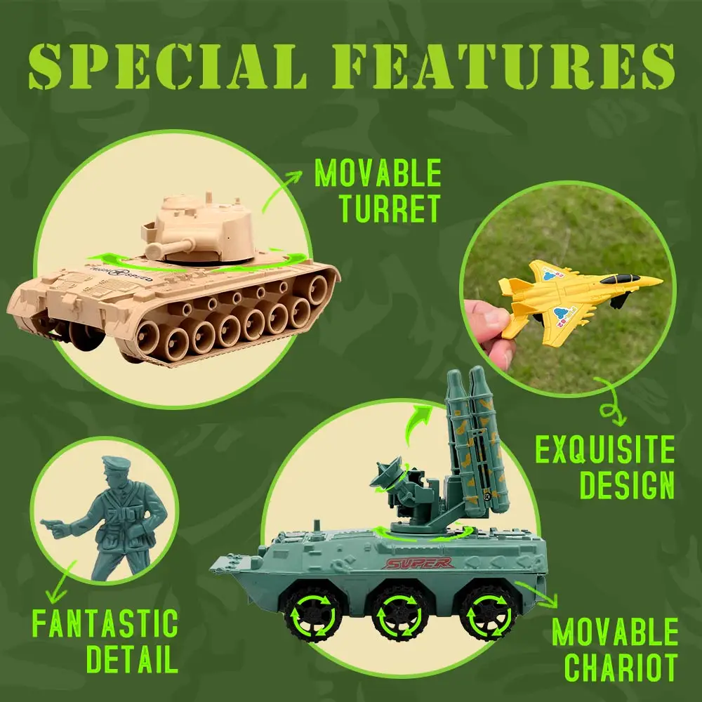 ViiKONDO Army Men Toy Military Playset Green Tan Soldier 48pcs Storage Bucket Modern War Tank Jet Warship Model Kid Wargame Gift