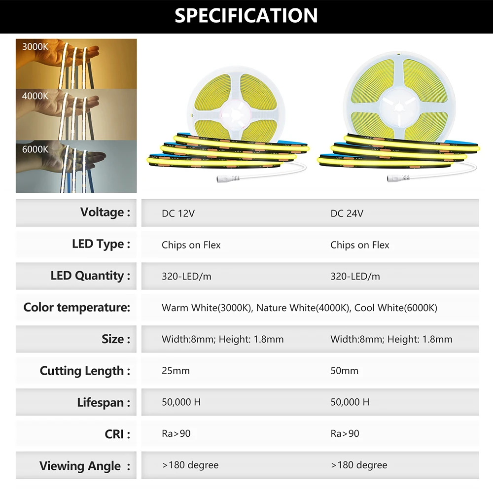 DC 12V COB LED Strip Light 320LEDs/m RA90 High Density Flexible Ribbon Rope for Home Decor TV Backlight 3000K 4000K 6000K