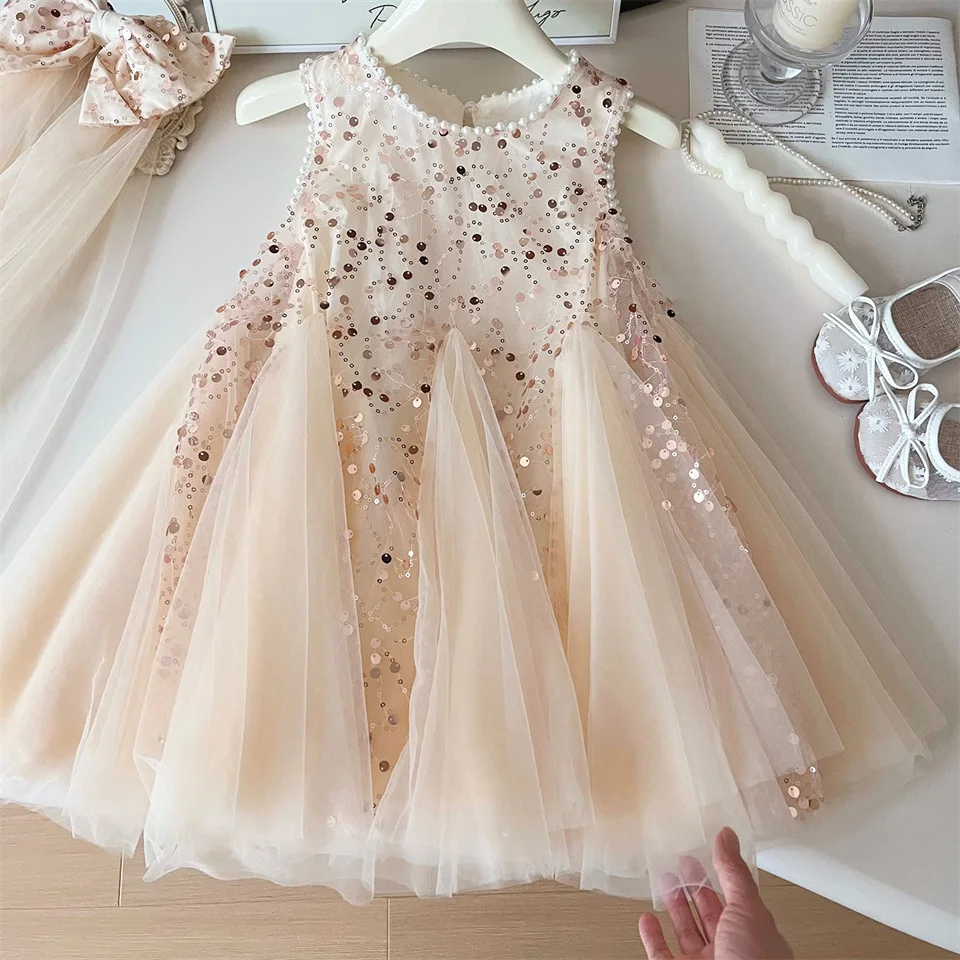 

Girls' Dress 2025 New Children's Mesh Girls' Fashion sequin Tank Top
